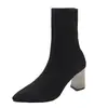 Botas negras cálidas de una línea para mujer, tacones altos cómodos y elegantes de punta fina, zapatos planos casuales de tacón grueso para mujer