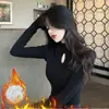 Otoño e invierno nuevo diseño hueco estilo extranjero negro cuello alto camisa base manga larga corte ajustado delgado top de chica hot moda