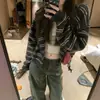 Sudadera con capucha a rayas estilo retro americano, suéter con cremallera, diseño de otoño para mujer, top cárdigan de punto único