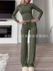 En stock 2025 Otoño Transfronterizo Ropa de Mujer Amazon Caliente Color Sólido Pantalones Manga Larga Casual Moda Traje de Dos Piezas