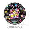 Novos pratos de papel descartáveis, copos de papel, guardanapos de papel, toalha de mesa, banner, balões e suprimentos de decoração para festa de aniversário com tema dos anos 80