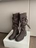 Grape Mom Studiolee Aumento de Altura 5.5cm~ Estilo Wasteland Correa Trenzada con Borlas Tacón Grueso Botas Caídas Botas Altas para Mujer