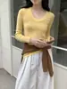 26 Camiseta Básica Ajustada de Lana 100% Versátil con Cuello en U Grande en Forma de Cuchara para Adelgazar de Principios de Otoño 60318