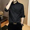 Camisa masculina de manga longa de alta qualidade, toque sedoso, elástica, corte slim fit, bordada, estilo europeu, seda gelada, resistente a rugas e elegante