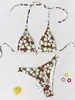 Traje de Playa 2025 para Mujer Trajes de Baño Bikini Sexy con Cuello Halter y Cordones Estilo Estampado