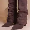 Zapatos de mujer para comercio exterior 2026, punta fina, caña recta, plisados, hebilla metálica, botas de media pantorrilla, talla grande, tacón grueso, botas de caña, botas de mujer