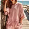 2026 Moda Feminina Europeia e Americana Site Independente da Amazon Outono/Inverno Nova Moda Casual Blusa com Franjas Camiseta Gola Redonda Manga Média