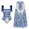 Traje de baño étnico azul europeo y americano 2024, nuevo traje de baño con estampado de pajarita, traje de baño transfronterizo para mujer