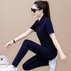 Traje deportivo de mujer con cuello polo, traje deportivo de verano 2022 nuevo talla grande estilo western pantalón ajustado traje casual de dos piezas