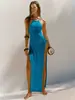 2026 Novo Estilo de Venda Quente Transfronteiriça Vestido de Tricô com Fenda Alta e Alças Duplas com Lindo Design nas Costas, Estilo para Férias na Praia