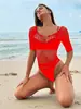 Lencería Sexy Exportación Europea y Americana Jacquard Calado Malla Tres Puntos Manga Corta Bikini Manga Larga K277