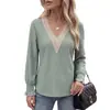 Amazon Comercio Exterior Transfronterizo Europeo y Americano 2026 Otoño e Invierno Nuevo Color Sólido Cuello en V Encaje Patchwork Holgado Manga Larga Camiseta Top