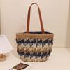 Bolsa de Palha Retro com Padrão de Ondas de Um Ombro, Nova Bolsa Trançada Versátil Color-Blocking de Grande Capacidade, Bolsa de Praia Estilo Férias na Beira-Mar