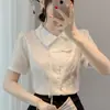 Nueva camisa blanca de mujer estilo chino para verano, con cuello asimétrico, manga corta de jacquard, borla vintage y blusa de satén abotonada