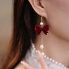 Aretes largos de lazo rojo vino con borla de perlas, aretes de otoño e invierno, aretes rojos festivos para novia, para uso diario