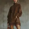 2025 Nuevo Sitio Independiente Transfronterizo Europeo y Americano Vestido de Manga Larga Suelto Retro de Gamuza con Cuello Alto y Bolsillo con Borla