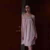 [Seda de Gelo] Camisola com Suspensório Rosa Claro para Mulheres, Verão Seda de Gelo Sexy Estilo Pura Luxúria Camisola de Renda Francesa