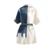 Vestido Camisa de Mezclilla de Longitud Media con Ensambles para Mujer, Asimétrico con Ensambles de Color Contrastante, Atado con Cordones, Cintura Suelta, Aspecto Adelgazante