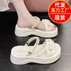 Sandalias de Hada de Perlas Estilo Verano 2026 con Plataforma Gruesa y Diseño Floral, Chanclas Dulces de Una Correa para Playa con Suela Gruesa