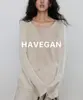 HAVEGAN/Otoño Cuello en V Lino Tencel Manga Larga Sentido del Diseño Suéter Superior para Mujer Holgado Estilo Old Money