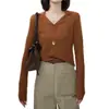Blusa de tricô com decote V e manga longa em estilo coreano para mulheres, nova peça de outono, corte justo, versátil, modeladora, top elegante