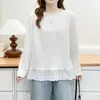 Especial Nueva Colección Otoño Talla Grande Camiseta Casual Versátil de Manga Larga para Mujer con Adorno de Encaje en el Dobladillo 0882