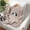 Suéter Grueso de Doble Capa de Lana Pura para Niños, Jacquard de Cuello Semi Alto, Suéter Tejido de Panda para Niñas