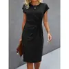 Vestido feminino de cor sólida, justo, de comprimento médio, com gola redonda, para mulheres europeias e americanas, 2025, site independente da Amazon, transfronteiriço