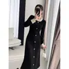 Vestido Negro de Punto Estilo Hepburn para Mujer Otoño e Invierno Elegante de Sociedad Delgado para Adelgazar Vestido Interior Largo para Invierno