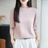 2026 início do outono novo top de malha de algodão com gola semi-alta e bainha dobrada com mangas de três quartos para mulheres, cor sólida, modelagem solta, blusa básica para atacado