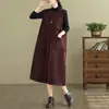 Foto real de vestido sin mangas de pana de color liso vintage para mujer, nuevo vestido chaleco de punto de longitud media para otoño e invierno