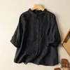 Camisa Bordada de Algodón y Lino de Manga Tres Cuartos para Mujer, Diseño Artístico Retro, Top de Algodón y Lino, Nuevo Estilo de Verano