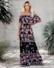 2025 Primavera y Verano Europeo y Americano Estación Independiente Amazon Nuevo Vestido Largo Acampanado con Estampado de Flores Rojas de un Hombro