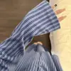 Pijama de Rayas Azules Contrastantes Estilo Coreano para Mujer, Conjunto de Dos Piezas de Cardigan de Manga Larga con Solapa para Otoño e Invierno, Ropa de Casa Cálida que se Puede Usar Afuera