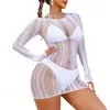 Lingerie sexy de manga comprida estilo europeu e americano, body de malha see-through sedutor jacquard vazado justo de alta elasticidade