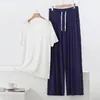 Conjunto de Dos Piezas de Pantalones Anchos de Manga Corta Sueltos de Modal para Verano Ropa de Casa Talla Grande Casual Cuello Redondo Delgado