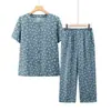 Conjunto de dos piezas de manga corta de verano para mujeres de mediana edad y ancianas para la abuela, cárdigan de algodón y seda para señoras mayores