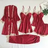 Fabricante de Pijamas al por Mayor Camisola de Seda Sintética para Mujer Ropa de Dormir Encaje Conjunto de Varias Piezas Ropa de Casa Lencería Camisón Sexy de Encaje