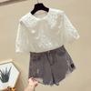 Camiseta de Manga Curta para Meninas 2026 Verão Novo Estilo Gola Boneca Blusa de Chiffon Moda para Meninas Manga Curta Elegante com Babados Tendência