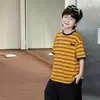 Tongku 2026 Camiseta de Verano Nueva para Niños con Bordado de Gato de Dibujos Animados Rayada para Bebé Cuello Redondo Holgada de Manga Corta para Niños