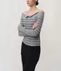 Top Camiseta Patchwork Listrado Vintage Ombro a Ombro para Mulheres, Design de Primavera, Caimento Justo, Valoriza a Silhueta