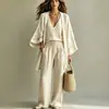 Outono/Inverno 2026 Amazon Novo Comércio Transfronteiriço Europeu e Americano Algodão Linho Moda Casual Conjunto de Três Peças com Colete Cachecol e Calças