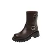 Hebilla de cinturón estilo coreano, botas estilo Martin con suela de plataforma, colección de invierno 2026, tacón medio grueso, punta redonda, caña corta, botines elásticos de piel de vaca para mujer
