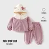 Conjunto de pijama de pelúcia com capuz para meninas para outono e inverno, com laço 3D e design de gato de desenho animado, um conjunto de duas peças quente
