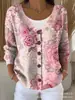 Nova blusa de moletom com botões, gola V, manga longa, estampada em 3D, estilo personalidade, solta, para outono e inverno, jaqueta suéter para mulheres