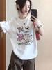 Camiseta de manga corta de algodón puro con hombros descubiertos para mujer, nueva camiseta holgada de verano con diseño retro americano de nicho, top informal de talla grande