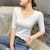 Camiseta de Modal de Manga Media para Mujer Primavera y Otoño Delgada Ajustada Cuello en V Base con Mascarilla Facial Top Cuello Corazón Cuerpo de Media Manga