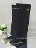 Calças de salto grosso Botas Cross-border Novas botas femininas de cano grande e bico fino com fivela de metal Botas médias longas pretas tamanho grande