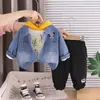 Conjunto de Roupa Jeans com Gato e Guitarra para Meninos, Moda Nova Primavera e Outono, Roupa de Exterior de Primavera, Conjunto de Três Peças com Manga Longa para Bebê, Conjunto Moderno