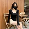 Camiseta de Manga Larga para Mujer, Diseño Irregular de Otoño e Invierno, Top Sexy, Estilo de Nicho, Corte Ajustado, Cuello Redondo, Camiseta para Capas Interiores
